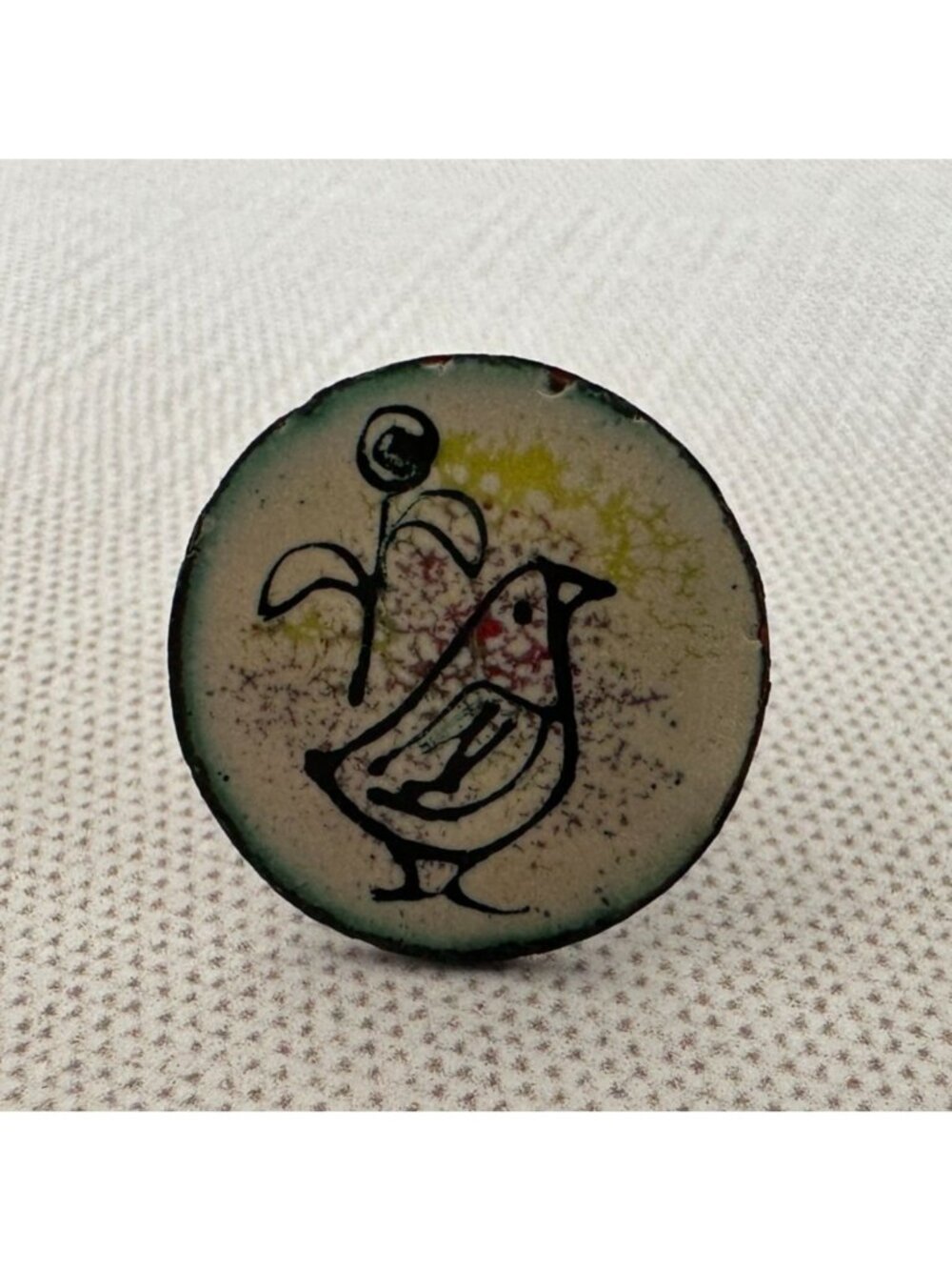 Vintage Copper Enamel Bird Pin Mid Century Modernist Hand Painted Lapel Tack